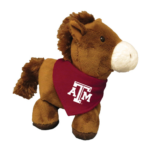 Texas A&M plush horse featuring soft brown fur, a fluffy mane and tail, and a maroon bandana embroidered with the Texas A&M logo. Stuffed animal for Aggie fans, gifts, and collections.