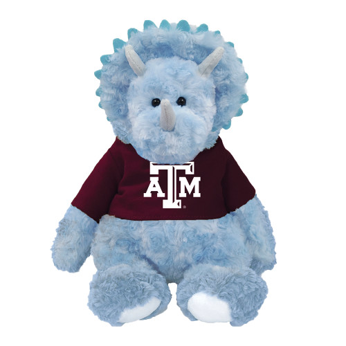 Texas A&M plush Triceratops featuring soft light blue fabric, white horns, and a maroon T-shirt with the embroidered Texas A&M logo. Stuffed dinosaur perfect for gifts, nurseries, and Aggie collections.