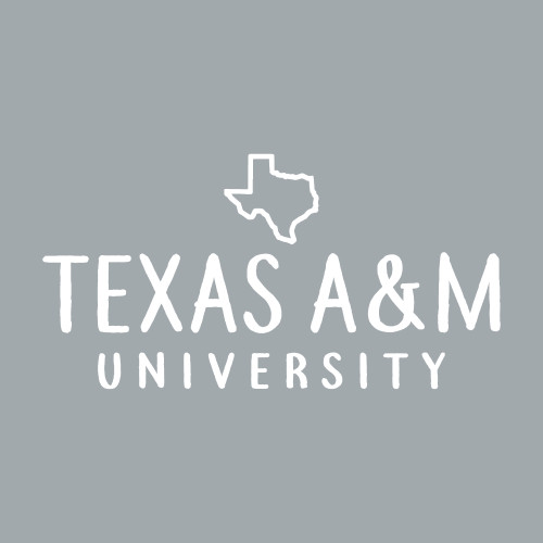 Texas A&M University decal featuring white "Texas A&M University" lettering with a Texas state outline above. Vinyl sticker for vehicles, laptops, water bottles, coolers, and other smooth surfaces.