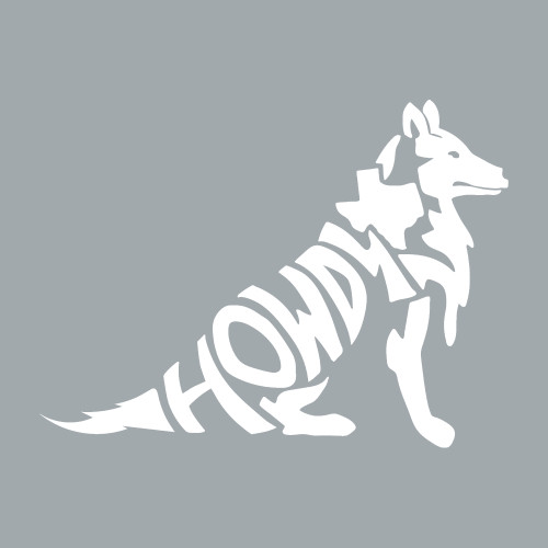 Texas A&M Howdy Reveille decal featuring a white silhouette of Reveille created from the word "HOWDY." Vinyl sticker for vehicles, laptops, water bottles, coolers, and other smooth surfaces.