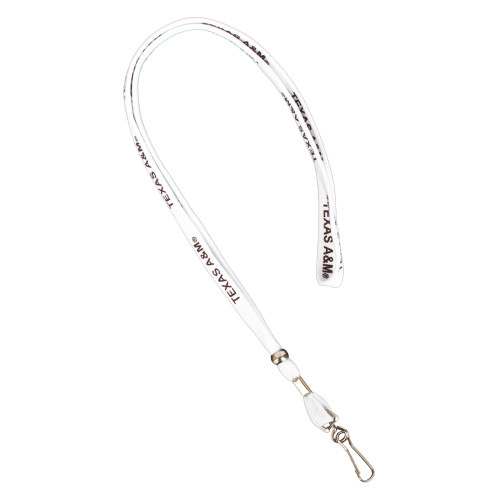 White Texas A&M lanyard featuring repeating Texas A&M graphics and a silver-tone swivel clasp. Ideal for holding keys, ID badges, student IDs, and event passes with everyday Aggie style.