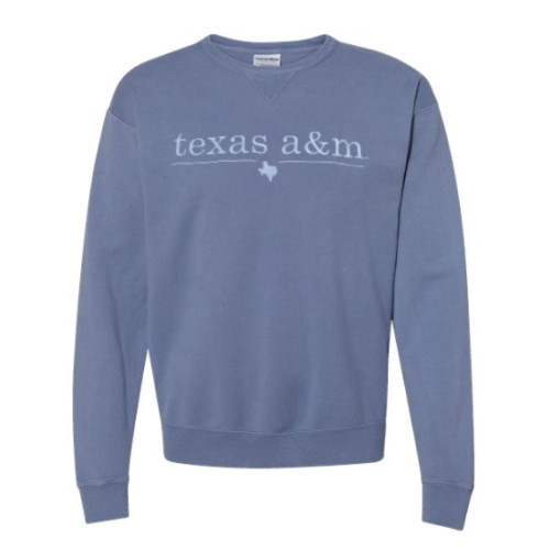 Slate blue Texas A&M crewneck sweatshirt featuring embroidered "texas a&m" lettering and a small Texas state outline on the chest. Soft pullover perfect for game days, campus, and everyday wear.