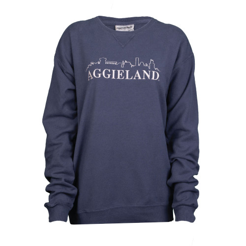 Navy Texas A&M crewneck sweatshirt featuring embroidered "Aggieland" lettering with a College Station skyline across the chest. Soft pullover perfect for game days, campus, and everyday wear.