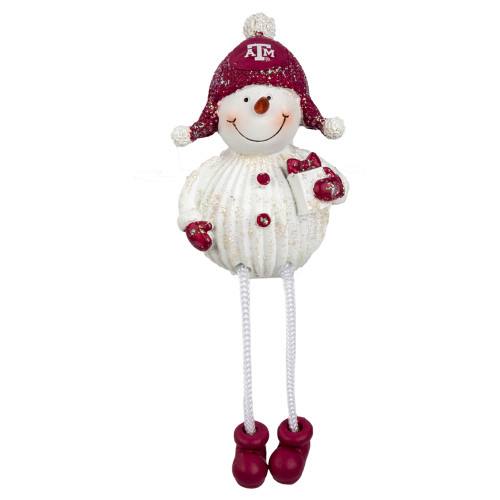 Texas A&M resin snowman decoration featuring a maroon Aggie winter hat, matching mittens, dangling rope legs, and festive holiday details. Decorative shelf sitter for mantels, tabletops, and Christmas displays.