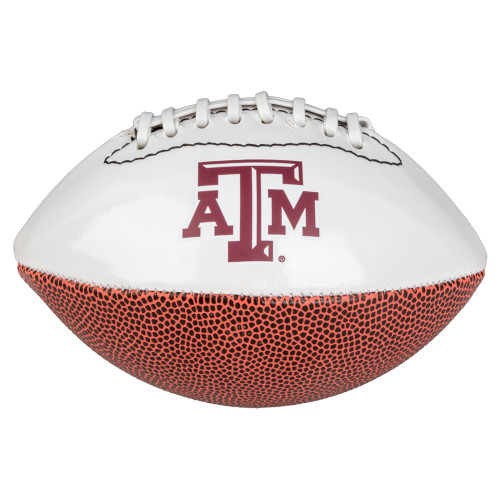 Texas A&M mini signature football featuring a brown pebble-grain finish, white autograph panels, and the maroon Texas A&M logo. Collectible football ideal for autographs, display, and Aggie memorabilia.