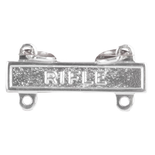Texas A&M Corps of Cadets silver rifle qualification bar featuring a polished silver-tone finish with "RIFLE" engraved across the front. Uniform insignia for rifle marksmanship qualification and Corps dress uniforms.