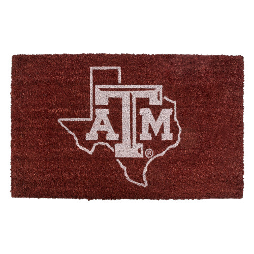 Texas A&M maroon coir doormat featuring the Texas A&M logo inside a Texas state outline. Durable natural fiber welcome mat for front porches, entryways, patios, and Aggie homes.