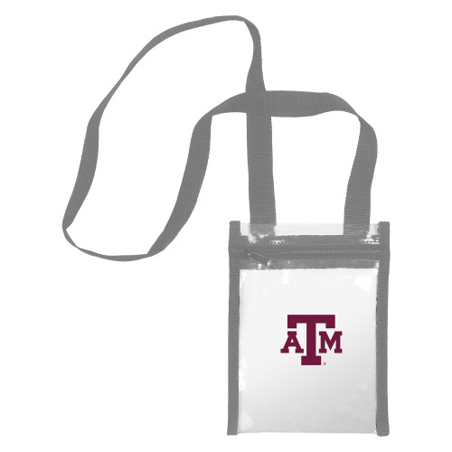 Texas A&M clear crossbody stadium bag featuring a transparent design, maroon Texas A&M logo, adjustable gray shoulder strap, and zippered closure. Stadium-approved bag for game days, concerts, and events.