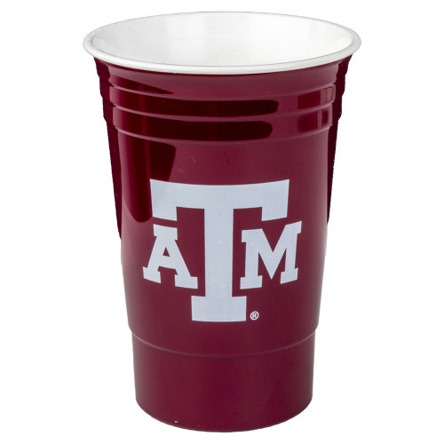 Texas A&M double-walled reusable cup featuring a maroon exterior, white interior, and large white Texas A&M logo. Insulated reusable drink cup for game days, tailgates, and everyday beverages.