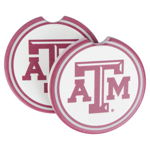 Set of two Texas A&M absorbent car coasters featuring the maroon Texas A&M logo on a white background with maroon accent rings. Cup holder inserts designed to absorb moisture and reduce spills.