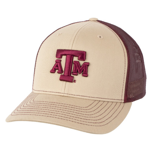 Texas A&M mesh trucker hat featuring a khaki front, maroon mesh back, curved bill, and raised embroidered maroon Texas A&M logo. Adjustable cap for game days, tailgates, and everyday wear.