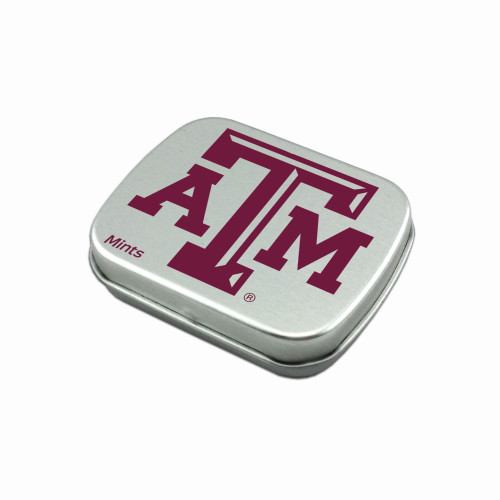 Texas A&M breath mints in a silver pocket-sized metal tin featuring the maroon Texas A&M logo. Portable mint tin perfect for game days, travel, work, school, and everyday freshness.