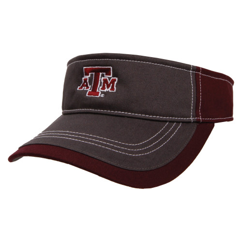 Texas A&M visor featuring a charcoal gray crown, maroon curved bill, contrast white stitching, and an embroidered Texas A&M logo on the front. Adjustable visor for game days, golf, and everyday wear.