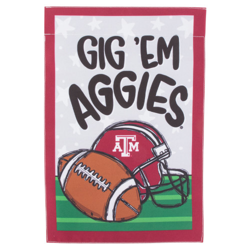 Texas A&M garden flag featuring "Gig 'Em Aggies" lettering above a football, maroon football helmet, and the Texas A&M logo. Decorative outdoor flag for gardens, porches, walkways, and game day displays.