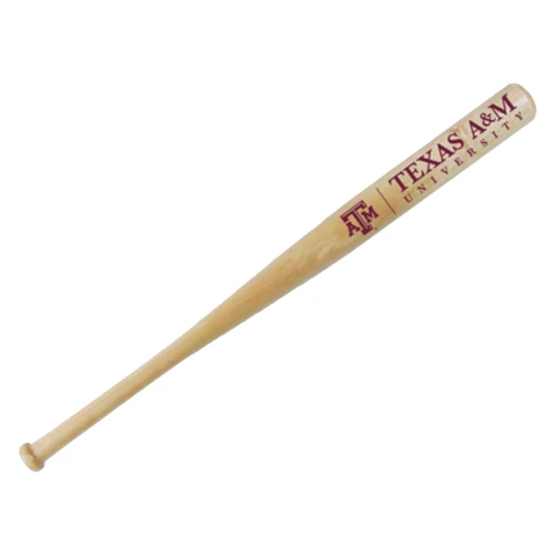 Texas A&M mini wooden baseball bat featuring the Texas A&M logo and wordmark on a natural wood finish. Collectible display bat for fan caves, offices, dorm rooms, and Aggie memorabilia collections.