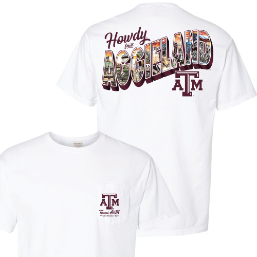 White Texas A&M T-shirt featuring a small Texas A&M College Station graphic on the left chest and a large back graphic with "Howdy" above colorful illustrated "Aggieland" lettering filled with Texas A&M traditions, campus landmarks, and College Station imagery.