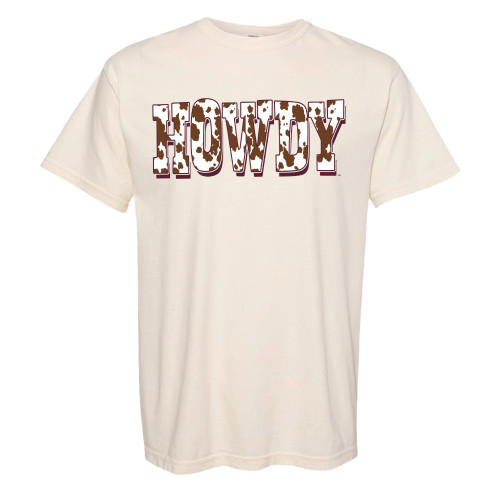 Throwing in some country flair with the Texas A&M Cow Print Ivory Howdy T-shirt, a fun T-shirt for aggies who want to get to their country routes.