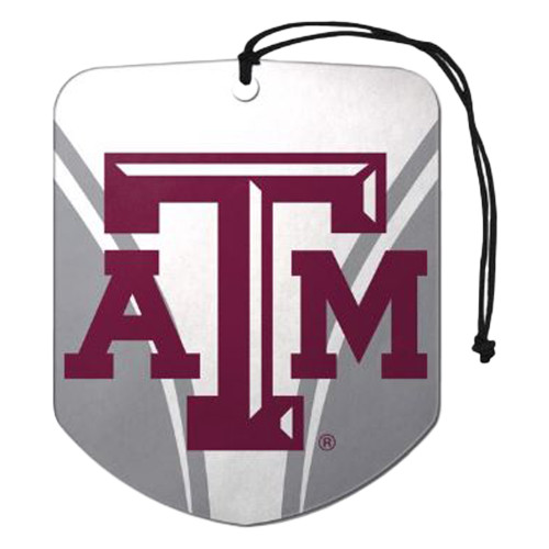 Texas A&M hanging car air freshener featuring a maroon Texas A&M logo on a gray and white geometric background with an attached black hanging cord. Stylish accessory for keeping your vehicle fresh.