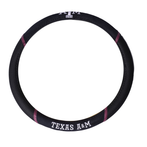 Black Texas A&M steering wheel cover featuring textured grips, maroon accent stitching, and white Texas A&M wordmarks. Comfortable steering wheel cover for protecting your vehicle while showing Aggie pride.