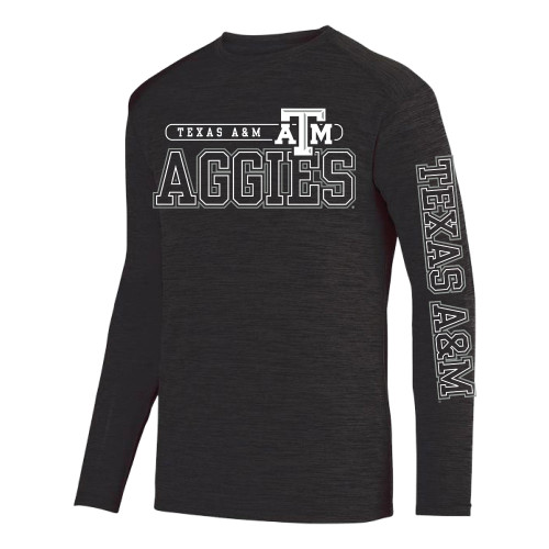 "Texas A&M" in silver down the left sleeve and "Aggies" across the chest of a long sleeve tonal black t-shirt.
