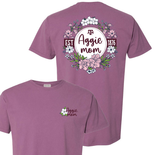 Texas A&M Aggie Mom Floral Purple Plum Raisin Short Sleeve