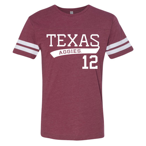 Heather maroon Texas A&M T-shirt featuring white sleeve stripes, bold "Texas" lettering, "Aggies," and the number 12 across the front. Vintage-inspired game day tee celebrating the 12th Man tradition.