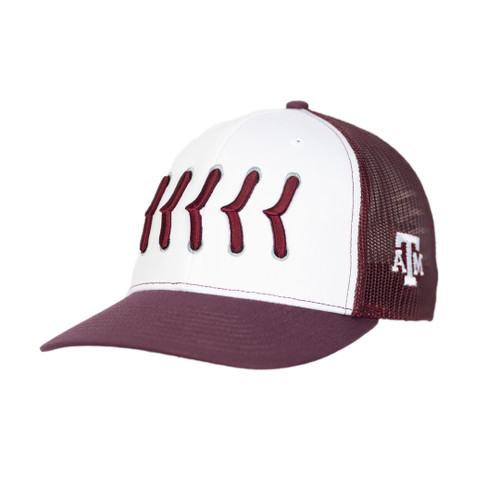 Texas A&M baseball stitch trucker hat featuring a white front with raised maroon baseball stitching, a maroon curved bill, maroon mesh back, and an embroidered Texas A&M logo on the side.