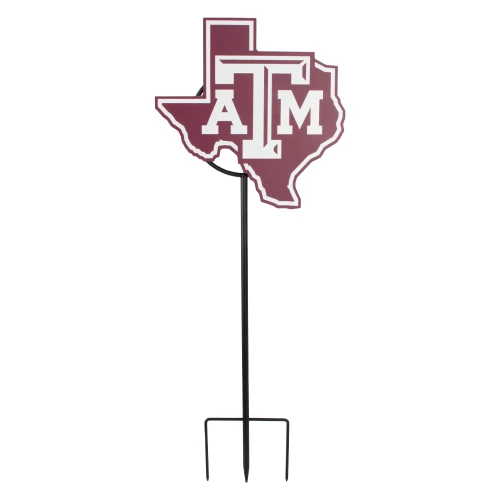 Texas A&M metal yard stake featuring the maroon Texas A&M logo inside a Texas state outline mounted on a black dual-prong stake. Outdoor lawn decoration for gardens, flower beds, walkways, and game day displays.