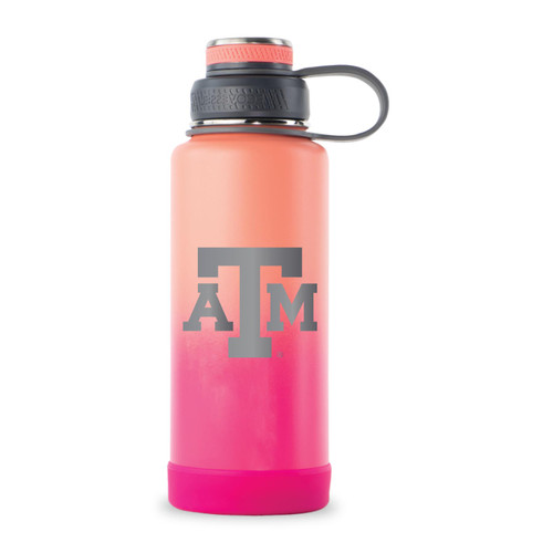 Texas A&M insulated water bottle featuring a coral-to-pink gradient finish, black Texas A&M logo, and a screw-on lid with an integrated carry loop. Reusable bottle for school, travel, workouts, and everyday hydration.