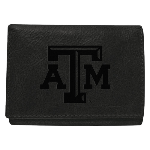 Black textured leather Texas A&M trifold wallet featuring a debossed black Texas A&M logo on the front. Classic wallet with a compact trifold design for everyday use.