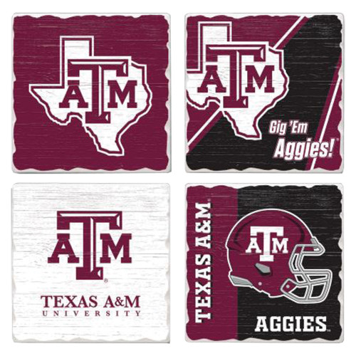 Texas A&M 4-pack coaster set featuring four distressed designs with the Texas A&M logo, Texas state outline, "Texas A&M University" wordmark, football helmet graphic, and "Gig 'Em Aggies!" text.