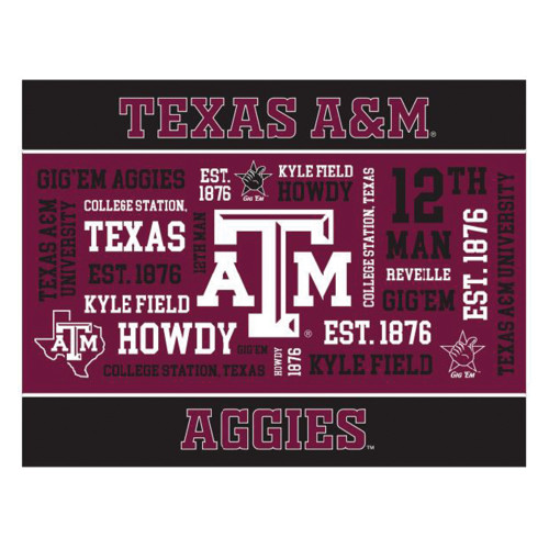 Texas A&M glass cutting board featuring a collage of Aggie-themed graphics including the Texas A&M logo, Kyle Field, 12th Man, "Howdy," "Gig 'Em Aggies," and "Est. 1876." Decorative kitchen accessory for food prep and serving.