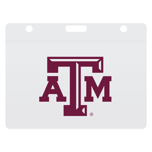 Clear Texas A&M ID badge holder featuring a transparent vinyl design, maroon Texas A&M logo, and dual attachment slots. Protective sleeve for ID cards, access badges, and student identification.