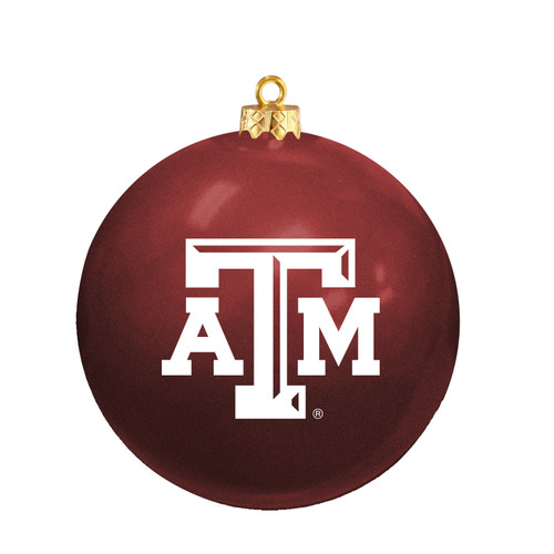 Maroon Texas A&M shatterproof ball ornament featuring the iconic white Texas A&M logo and a gold hanging cap. Durable Christmas ornament for trees, wreaths, garlands, and holiday décor.