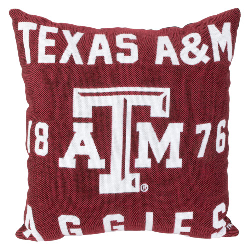 Maroon Texas A&M decorative throw pillow featuring oversized white "Texas A&M," the Texas A&M logo, "Aggies," and "1876" graphics. Accent pillow for sofas, beds, dorm rooms, and home décor.