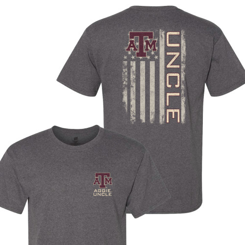 Charcoal heather Texas A&M Uncle T-shirt featuring a small Texas A&M Uncle graphic on the left chest and a distressed American flag design with the Texas A&M logo and vertical "UNCLE" lettering on the back.