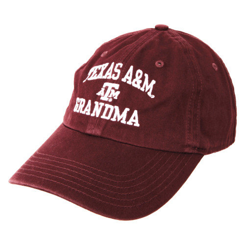 Maroon Texas A&M Grandma baseball cap featuring embroidered white "Texas A&M Grandma" lettering, the Texas A&M logo, and a curved bill. Adjustable hat for game days, campus visits, and everyday wear.
