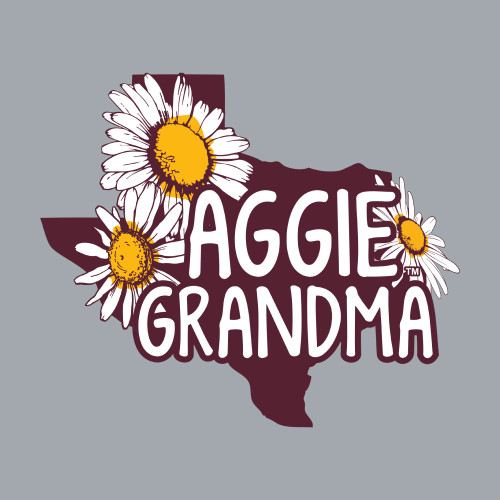 Texas A&M Aggie Grandma decal featuring a maroon Texas state outline decorated with white daisies and bold "Aggie Grandma" lettering. Vinyl sticker for vehicles, laptops, water bottles, and other smooth surfaces.