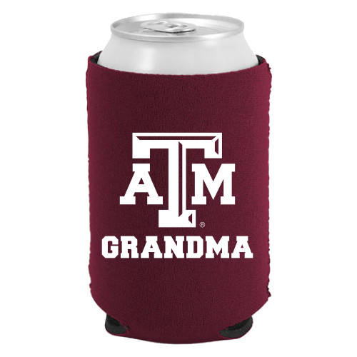 Maroon Texas A&M can cooler featuring the white Texas A&M logo above bold "Grandma" lettering. Insulated beverage sleeve for canned drinks at tailgates, game days, and everyday use.