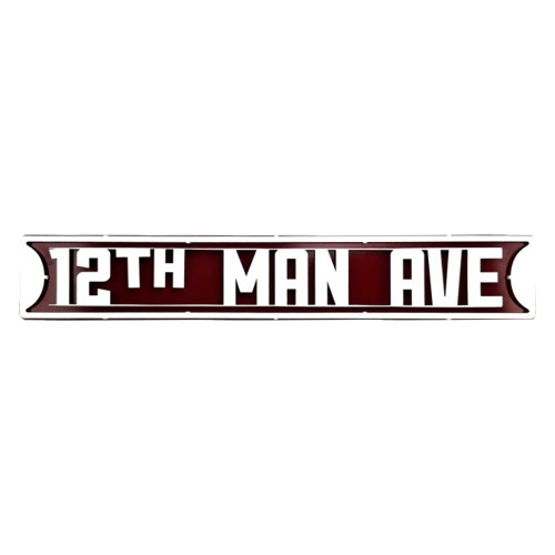 Texas A&M 12th Man Ave metal street sign featuring a maroon and white street sign design with bold "12th Man Ave" lettering. Decorative wall sign for dorms, offices, garages, and fan caves.