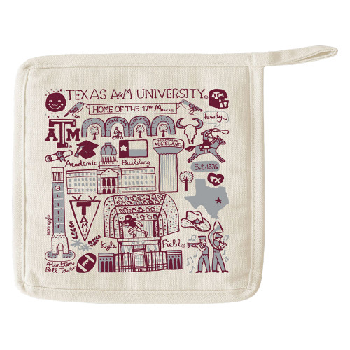Natural cotton Texas A&M pot holder featuring a maroon illustrated collage of Aggieland landmarks and traditions, including Kyle Field, the Academic Building, Reveille, the Century Tree, the 12th Man, and Texas A&M logos.