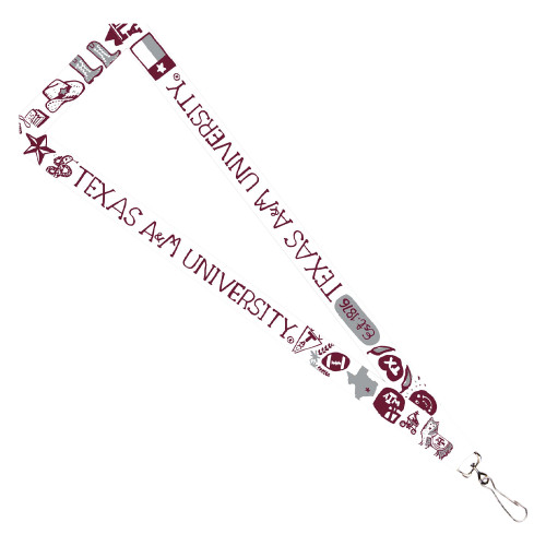 Texas A&M Julia Gash lanyard featuring hand-drawn maroon illustrations of Aggieland landmarks, traditions, and symbols, including Kyle Field, the Academic Building, Reveille, the Century Tree, and Texas A&M wordmarks with a metal clasp.
