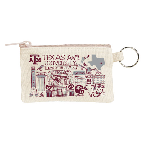 Natural canvas Texas A&M Julia Gash coin purse featuring hand-drawn maroon illustrations of Aggieland landmarks, traditions, and symbols with a zip closure and attached metal key ring.