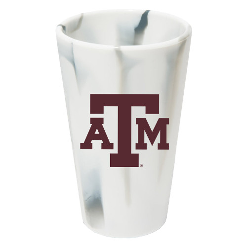 White marble-pattern Texas A&M 16 oz silicone cup featuring the maroon Texas A&M logo. Reusable flexible drink cup for hot or cold beverages, travel, tailgates, and everyday use.