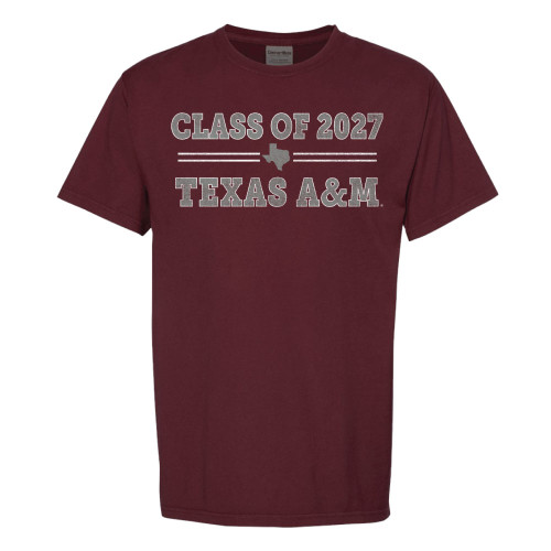 Maroon Texas A&M Class of 2027 T-shirt featuring bold "Class of 2027" lettering above "Texas A&M" across the chest. Short sleeve tee for incoming students, campus events, and everyday wear.