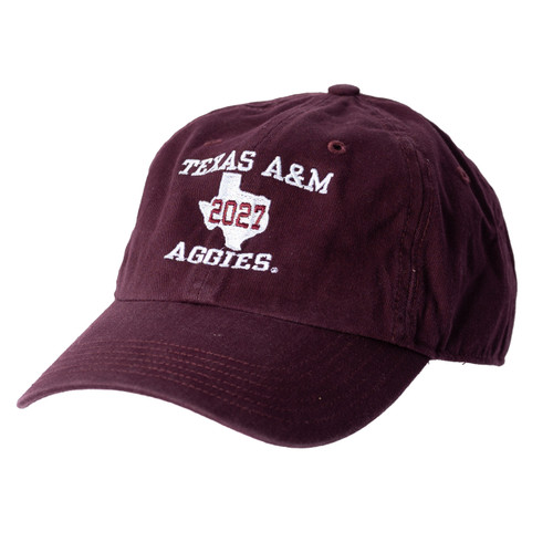 Maroon Texas A&M Class of 2027 baseball cap featuring embroidered white "Texas A&M," "2027," and "Aggies" lettering with a curved bill. Adjustable hat for game days and everyday wear.