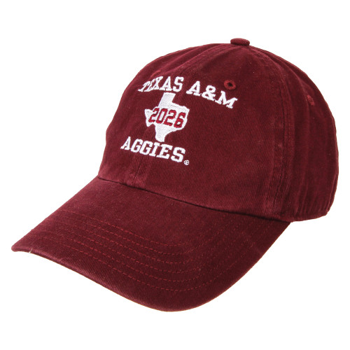 Maroon Texas A&M Class of 2026 baseball cap featuring embroidered white "Texas A&M," "2026," and "Aggies" lettering with a curved bill. Adjustable hat for game days and everyday wear.