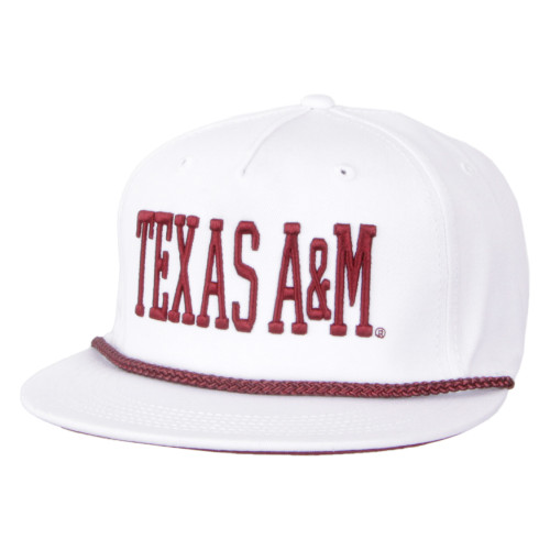 White Texas A&M flat bill snapback hat featuring raised maroon "Texas A&M" lettering outlined in black and a maroon rope accent above the brim. Adjustable cap for game days and everyday wear.