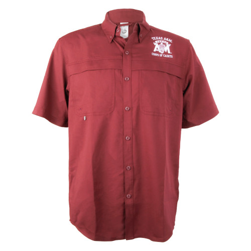 Maroon colored fishing shirt with the Corps of Cadets logo embroidered in white on the left chest.