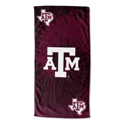 Texas A&M beach towel featuring a maroon tie-dye inspired background, large white Texas A&M logo in the center, and Texas state outline logos in opposite corners. Soft towel for the beach, pool, lake, and tailgates.